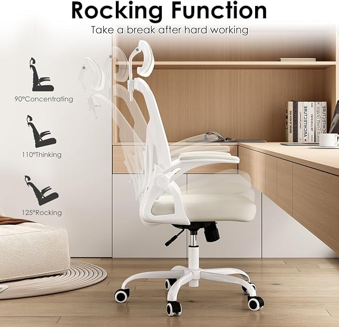 Ergonomic Office Chair with Adjustable Headrest and Flip-Up Armrests - High Back Mesh Computer Desk Chair with Lumbar Support for Home Office Gaming and Study 300 lbs Capacity (White Model E)