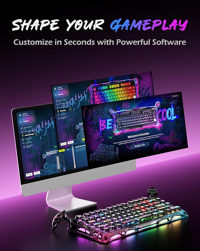 GravaStar Mercury V75 Pro 75% Hall Effect Magnetic Switch Gaming Keyboard Only Wired Hot‑Swappable 8000 Hz Polling Dual‑Zone RGB Semi‑Aluminum Frame - Neon Graffiti