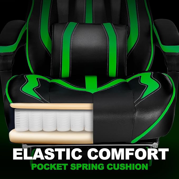 Vonesse Gaming Chair with Footrest Big and Tall Gamer Chair with Massage Reclining Computer Gaming Chair for Adults Ergonomic Game Chair for Teens High Back Video Game Chairs(Green/Black)