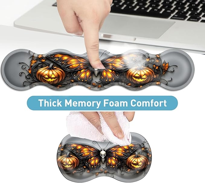 Keyboard Mouse Pad Set Extended Gaming Mouse Pad+Ergonomics Keyboard Wrist Rest Support Memory Foam Easy Typing Pain Relief 4Pcs XL Ultra Thick Desk MatHalloween Butterfly Pumpkin
