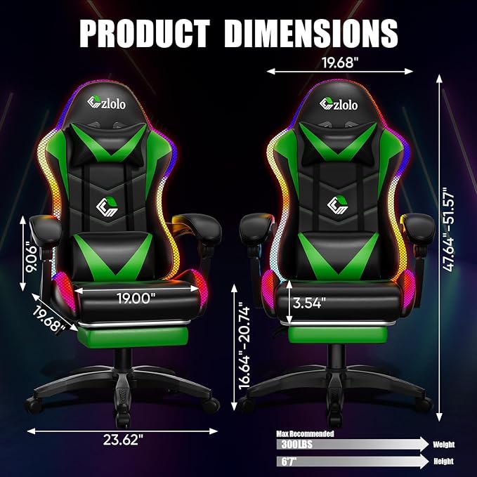 Gaming Chair Racing Style RGB LED Lights Gaming Chairs for Adults and Kids Lumbar Massager Gamer Chair High Back Reclining Computer Chair with Footrest and Headrest (Black/Green)