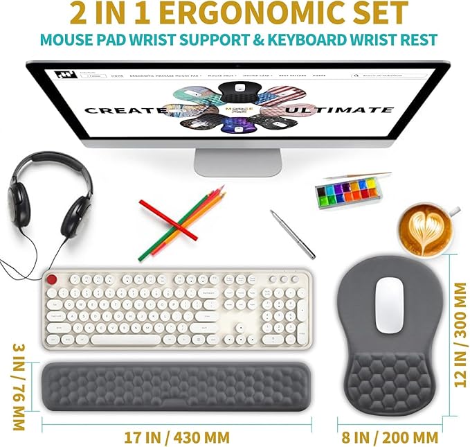 Hokafenle 2 in 1 Ergonomic Mouse Pad Wrist Support &amp Wrist Rest for Computer Keyboard Set with Relieve Carpal Tunnel Pain Massage Bulge and Full Memory Gel Design (2In1 Set Dark Gray)