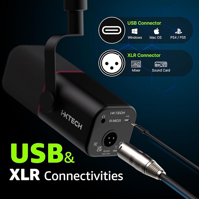 IXTECH Cardioid Dynamic Microphone with Mic Cover Vocal USB XLR Microphone for Podcasting Streaming Recording Gaming and Voice-Over (Black)