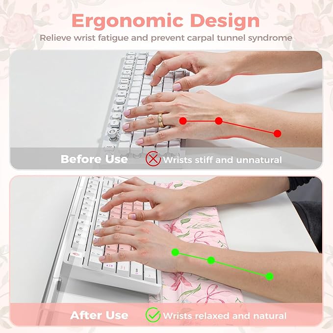 2 in 1 Keyboard Stand for Desktop Floral Wrist Support for Keyboards Anti-Fatigue Memory Foam Wrist Rest for Computer 3-Angle Adjustable Keyboard Riser for Office Home (Pink Bow)