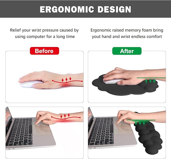 Cloud Keyboard Wrist Rest and Mouse Pad with Wrist Support Set Ergonomic PU Leather Mouse Pads Pain Relief Memory Foam Non-Slip Mousepad for ComputerLaptop Black