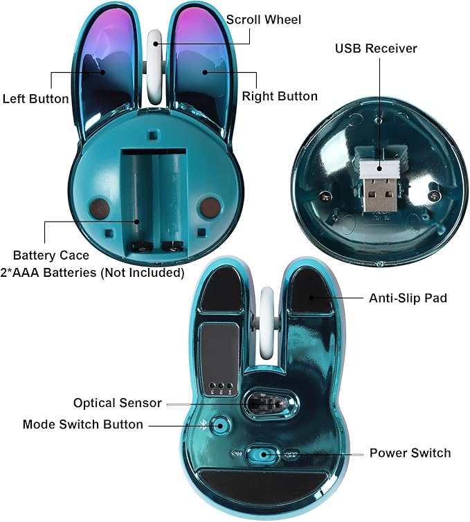 Wireless Mouse Bluetooth Cute Bunny Dual-Mode Computer Mouse Portable Small 2.4G Optical Mouse with USB Receiver Silent Blue Kawaii Rabbit Cordless Mouses for Laptop PC Computer Desktop iPad Macbook