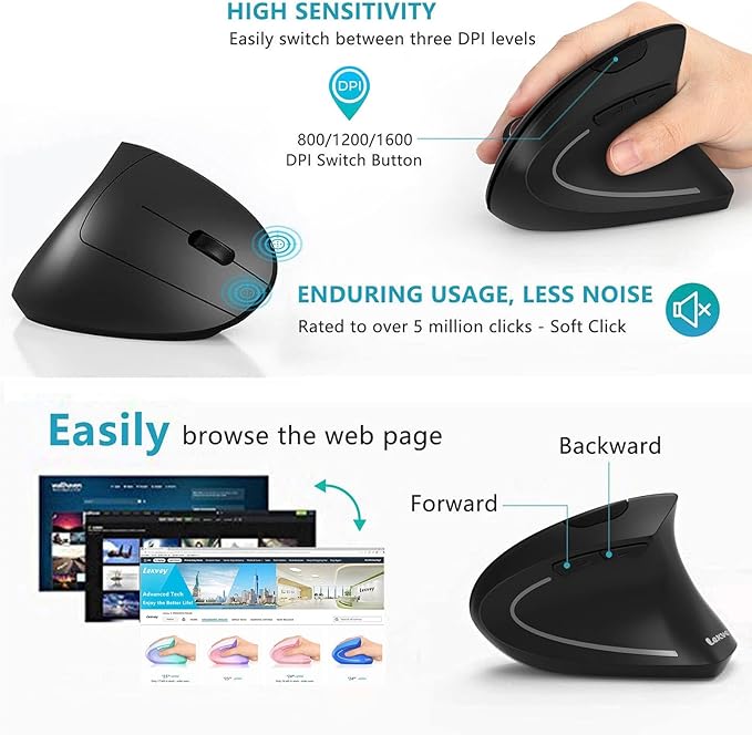 Ergonomic Mouse LEKVEY Vertical Wireless Mouse - Rechargeable 2.4G Optical Vertical Mice : 3 Adjustable DPI 800/1200/1600 Levels 6 Buttons for Laptop Mac PC Computer Desktop Notebook etc Black