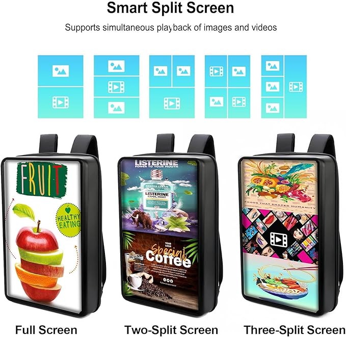21.5 Inch Touchscreen Advertising Backpack 1000nits High Brightness LCD Screen Backpack IP65 Waterproof Digital Signage Backpack with USB/App/CMS Input for Auto Playback Split Screen Android 11OS