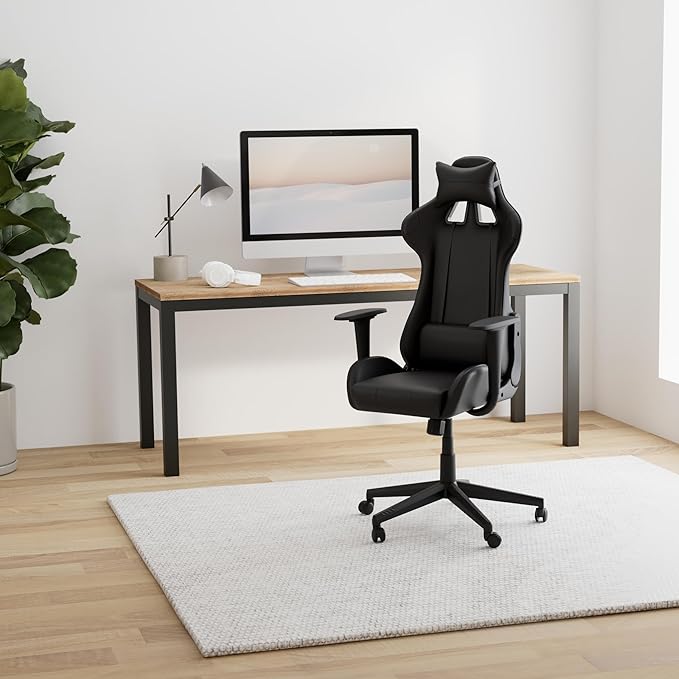 Modern-Depo Gaming Chair with Headrest and Lumbar Support Height Adjustable Swivel Office Chair High-Back Recliner Black