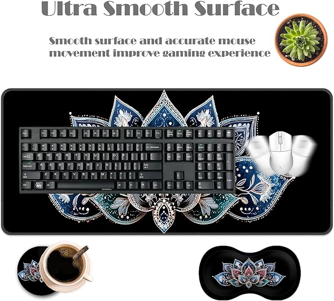 Ergonomic Keyboard Wrist Rest &amp Mouse Pad Wrist Rest SetXL Gaming Desk Mat 31.5x 11.8Non-Slip BaseMemory FoamEasy Typing Pain Relief for Office &amp HomeBlue and Red Lotus