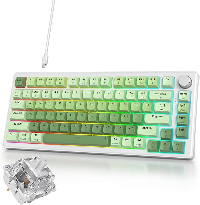 75% Creamy Mechanical Keyboard Green Hot Swap RGB Gaming Key Board with Knob Gasket Mount Wired TKL Keyboard 75 Percent Pre-lubed White Switch Creamy Sounding Keyboards (82 Matcha)