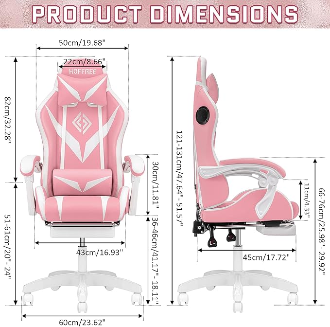 HOFFREE RGB Gaming Chair with Speakers and Massage Ergonomic Computer Chair with Lights and Footrest Reclining Video Game Chairs for Adults Pink and White