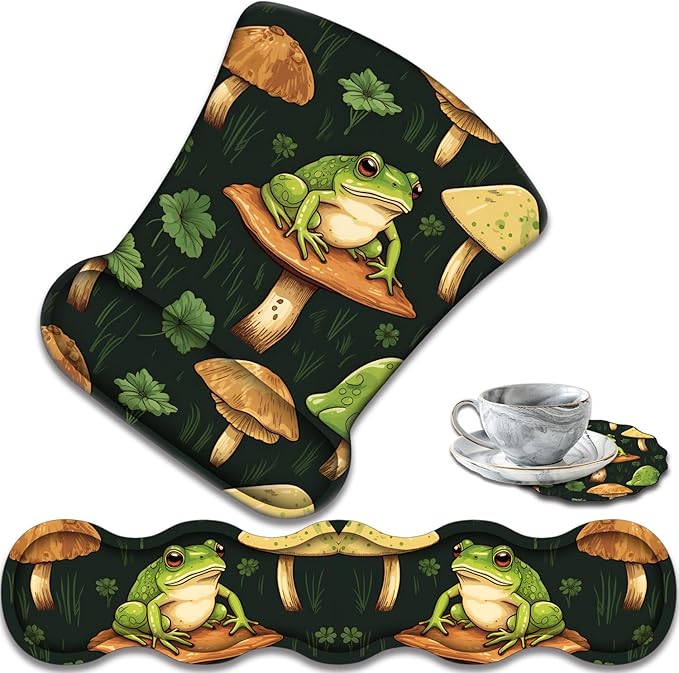 Ergonomic Keyboard Wrist Support Pad and Wrist Support Mouse Pad Anti-Slip with Gel Memory Mouse Pad Set Suitable for Office Use/Home Use - Adorable Frog Mushrooms