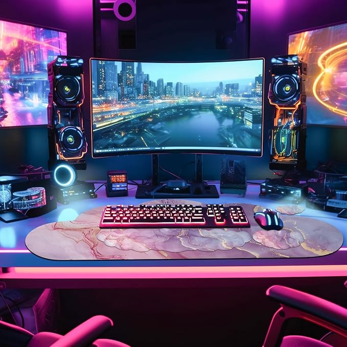 JIKIOU Large Cloud Mouse Pad Waterproof with Cloud Keyboard Wrist Pad and Cloud Mouse Wrist Pad Set Ergonomic Computer Desk Wrist Support Mousepad for Keyboard and Mouse 35.4x15.7in Marble Pink