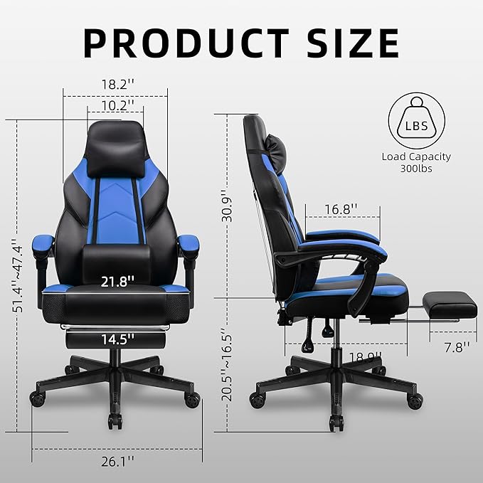 Shintenchi Gaming ChairVideo Game Chair with footrest and Massage Lumbar SupportHeight Adjustable Game Chair with 360°Swivel Seat Ergonomic Computer Chair with Headrest for Office or Gaming(Blue)