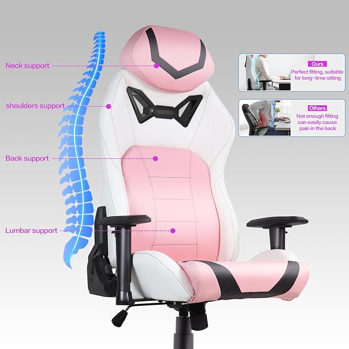 Modern-Depo Ergonomic Gaming Chairs for Adults with High-Density Memory Foam | Swivel Comfortable Office Chair Big and Tall Video Game Chair High Back Computer Chair for Home Office Pink White
