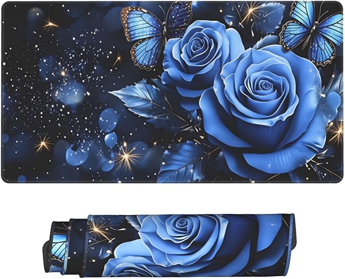 Blue Roses with Butterflies Desk Cover MatExtended Large Mouse PadComputer Laptop Mat Desk Decor for Office Game Home 30x16 Inch