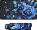 Blue Roses with Butterflies Desk Cover MatExtended Large Mouse PadComputer Laptop Mat Desk Decor for Office Game Home 30x16 Inch
