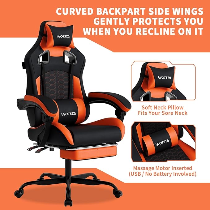 Gaming Chair with MassageErgonomic PC Gaming Chair with Footrest Comfortable Headrest and Lumbar SupportHigh Back Game Chair PVC Leather300LBS (Black&ampOrange)