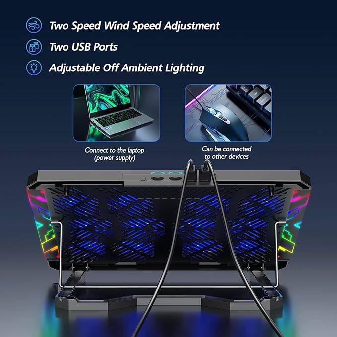Laptop Cooling Pad with 12 Quiet Fans Slim Portable for 12-17.3 Inch Laptop Cooler Stand with 5 Height Adjustable Ergonomic Gaming Cooling Fan Pad with Two USB Ports &amp Phone Holder (Gear)