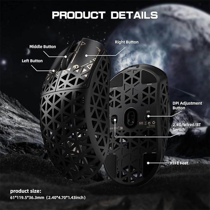 MAMBASNAKE M5 Ultra Carbon Fiber 8KHz Wireless Gaming MousePAW3950MAX Sensor 42K DPI39g Lightweight Tri-Mode 2.4GHz/BT/Wired Computer MiceWeb Driver Supportfor Win/Mac/FPS/MOBA/Esports-Black (A)