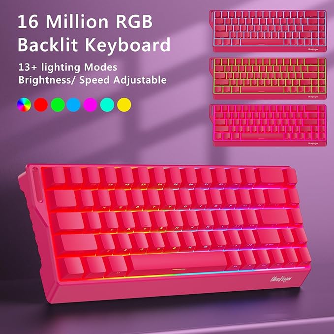 BlueFinger 60% Wireless Mechanical Gaming Keyboard Bluetooth/2.4G/USB-C Hot Swappable RGB Backlit Keyboard with Side-Printed PBT Keycaps for MAC Xbox PC PS5 Pink