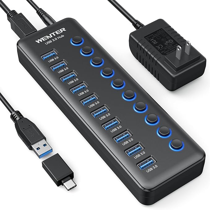 Powered USB Hub Wenter 10-Ports USB Splitter Hub 3.0 with Individual LED On/Off Switches and USB A-C Adapter 12V/3A Power AdapterPowered USB 3.0 Hub for PC Laptop Desktop