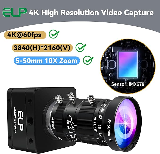 ELP High Speed 4K 60FPS USB Camera Manual Zoom Webcam for Computer Mini UVC 2160P USB3.0/2.0 Lightburn Cameras for Windows Linux Mac Pi 5-50mm 10X Varifocal IMX678 Web Cam for Laptop Jetson Nano