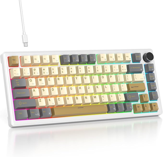 75% Retro Mechanical Keyboard Gasket with Knob Custom Wired Creamy Gaming Keyboard TKL 75 Percent Hot Swappable RGB Backlit Pre-lubed Switch for Win/MAC PC Laptop（Shimmer/White Switch）