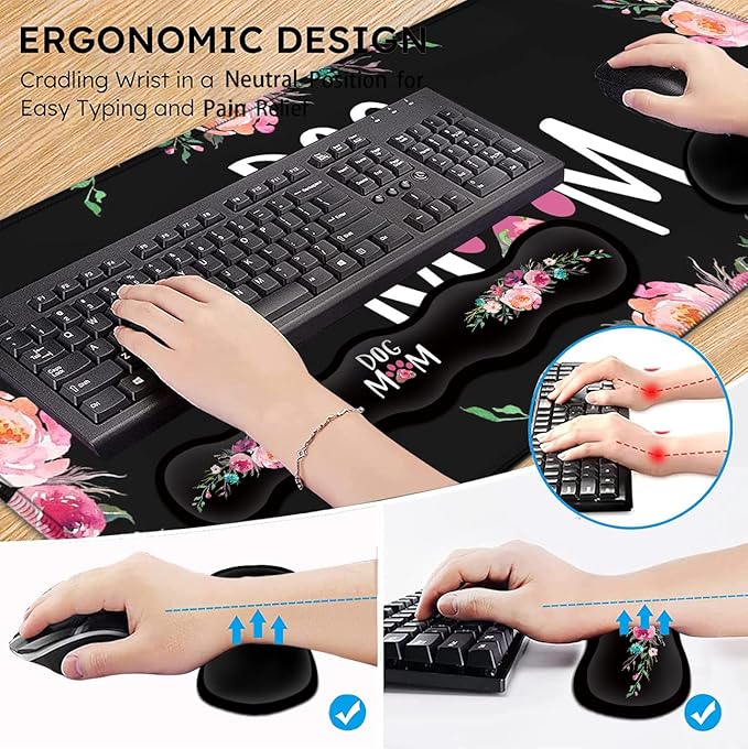 Gaming Mouse Pad Large XXL Mouse PadLarge Mouse Pad with Stitched EdgeNon-Slip Desk Pad Ergonomic Keyboard Wrist Rest Anime Mouse Pad Cute Dog Mom Floral Design Black Desk Mat for Computer Laptop