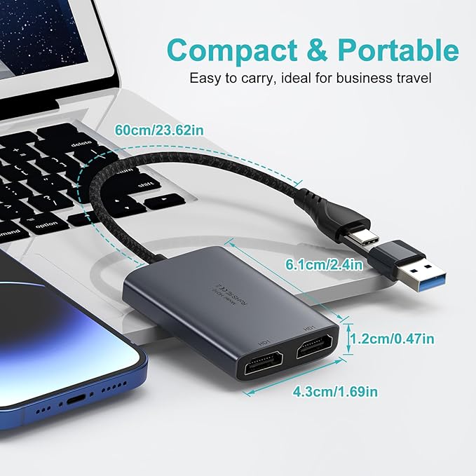 USB C to Dual HDMI Adapter 1080P 60Hz Multi-Monitor Splitter for MacBook/PC/Laptop - USB-A/USB-C to 2 HDMI Ports Aluminum Docking Station Audio Sync Windows/macOS Software Control MST