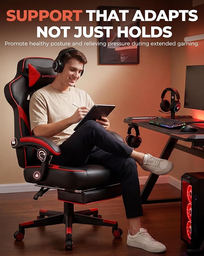 GTPLAYER Gaming Chair with Footrest Big and Tall Game Chair 350lb Racing Style Computer Chair Ergonomic Executive Office Chair High Back with Lumbar Support and Recliner Red