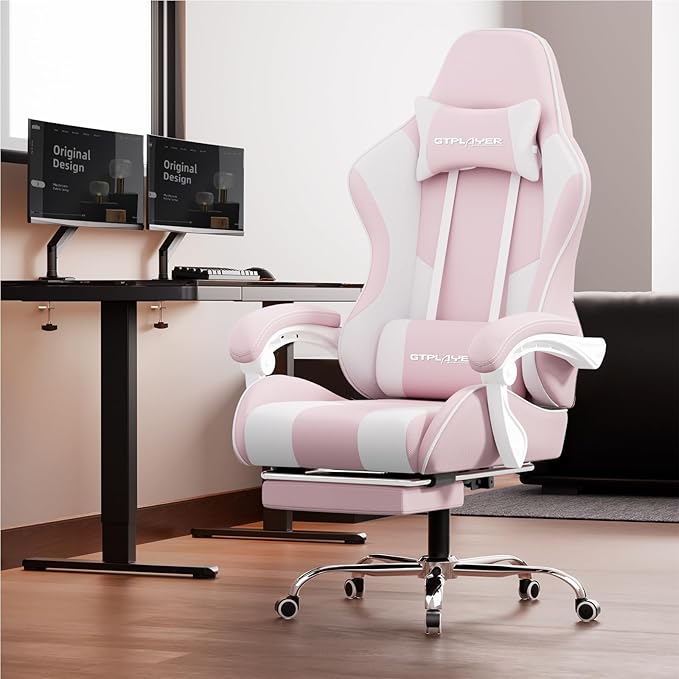 GTPLAYER Gaming Chair with Footrest Computer Chair with and Lumbar Support Height Adjustable Game Chair with 360°-Swivel Seat and Headrest and for Office or Gaming (Pink-Fabric)