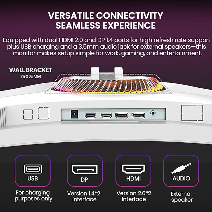 CRUA 49 White Curved Monitor | DQHD(5120 * 1440) 120Hz 1500R 32:9 AMD FreeSync 120% sRGB Height Adjustable Ultra-Wide Screen Computer Monitors HDMI 2.1 &amp DP 1.4 Wall Mount Install
