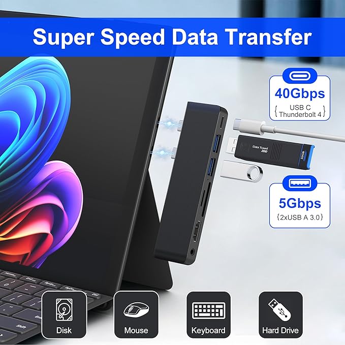 Surface Pro 12 Docking Station USB Hub and Adapter with 4K HDMI USB-C Thunderbolt 4 (Display+Data+100W PD) 2 USB 3.0 3.5mm Audio SD/TF Card Slot for Surface Pro 12 inch 2025
