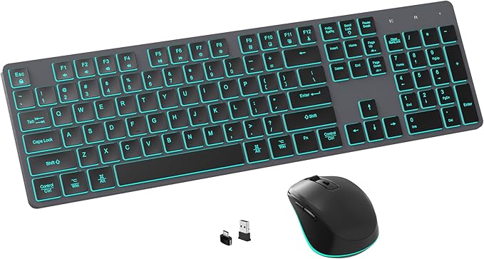Quiet Wireless Keyboard and Mouse Backlit Rechargeable Silent Flat Keyboard Mouse Combo Jiggle Mouse 2.4GHz Cordless Slim Keyboard Mouse for Mac Windows PC Computer Laptop Desktop (Space Gray)