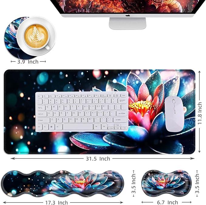 Mouse PadLarge Desk Mat Set 4in1 XL Mousepad + Keyboard Wrist Rest+Mouse Wrist Rest+Coaster with Ergonomic Desk Pad for Home Office Table Computer Cover -Sparkling Blue Pink Lotus
