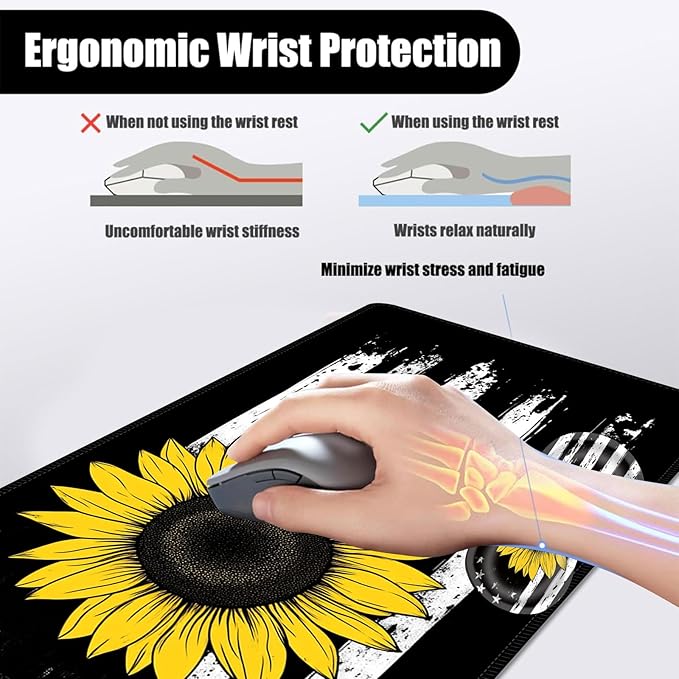 Mouse PadLarge Desk Mat Set 4in1 XL Mousepad + Keyboard Wrist Rest+Mouse Wrist Rest+Coaster with Ergonomic Desk Pad for Home Office Table Computer Cover -American Flag with Sunflower