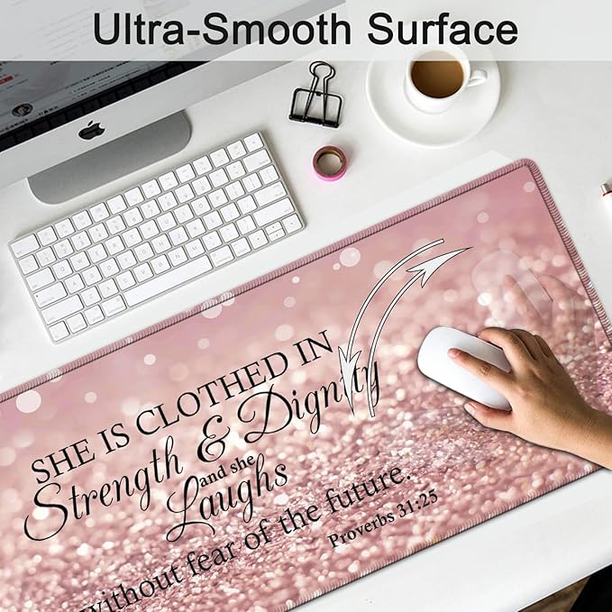 Large Gaming Mouse Pad Extended Waterproof Desk Pad Protector (31.5 x 11.8) Ergonomics Memory Foam Mouse Wrist Rest Support for Home Office Laptop Proverbs 31:25 Bible Verse XXL Pink Mouse Mat