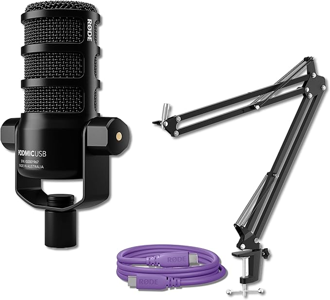 Rode PodMic USB Dynamic Broadcast Microphone with Rode SC27 Purple USB-C to USB-C Cable and StreamEye Adjustable Boom Arm