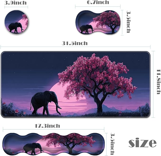 Ergonomic Keyboard Wrist Rest &amp Mouse Pad Wrist Rest SetXL Gaming Desk Mat 31.5x 11.8Non-Slip BaseMemory FoamEasy Typing Pain Relief for Office &amp HomeBlack Elephant Pink Tree