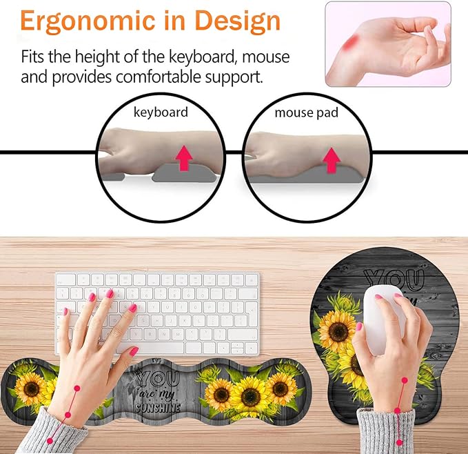 Keyboard Wrist Rest Support and Wrist Rest Mouse Pad with Non-Slip PU Base with Coaster Hook Gel Memory Mouse Pad Combo for Gaming Office Pain Relief - Wood Grain and You are My Sunshine