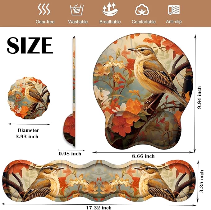 Keyboard Wrist Rest and Mouse Pad Wrist Support with Lace-Shaped Coaster Set Ergonomic Gel Memory Foam and Anti-Slip Base Easy Typing and Pain Relief - Larks Among Flowers
