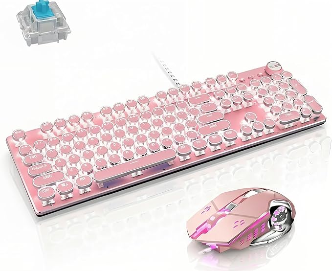 Basaltech Mechanical Gaming Keyboard and Mouse Combo Retro Steampunk Vintage Typewriter-Style Keyboard with LED Backlit 104-Key Anti-Ghosting Blue Switch Wired USB Metal Panel Round Keycaps Pink