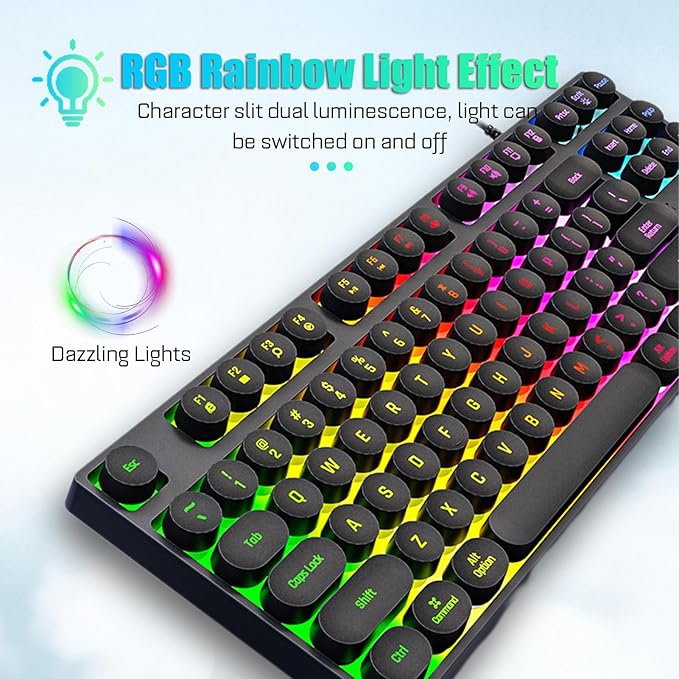 87 Keys Typewriter Mechanical Gaming Keyboard Colorful Backlit Retro Punk Round Keycaps Keyboard Anti Ghosting Hot Swap USB Wired Keyboards for Gamers Typists (Black)