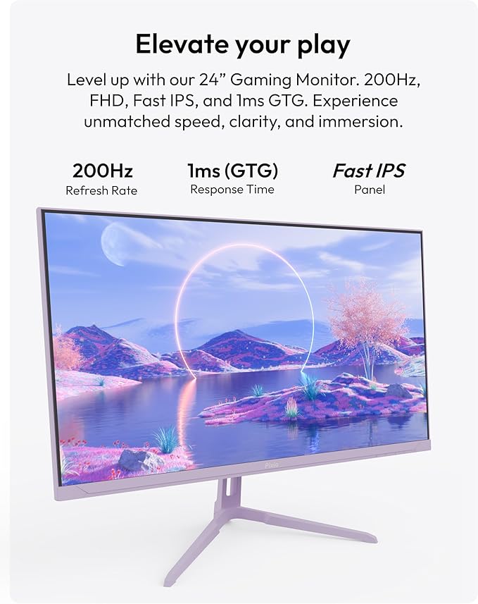 Pixio PX248 Wave Purple 24 inch 200Hz Refresh Rate FHD 1080p Resolution Fast IPS Panel 1ms GTG Response Time Gaming Monitor and PS1S Wave Purple Single Monitor Arm - Fits up to 32 inches and 19.8lbs