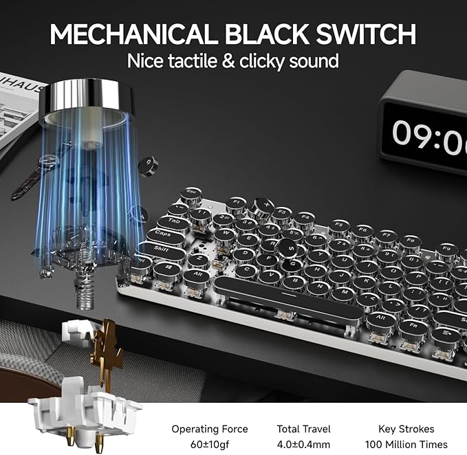 EWEADN TK950 Typewriter Mechanical Keyboard and Mouse 104 Keys Aesthetic Typewriter Keyboard Mouse Combo with White Backlit Anti-Ghosting Black Switch Bluetooth/2.4GHz/Wired Cute Keyboards-Black