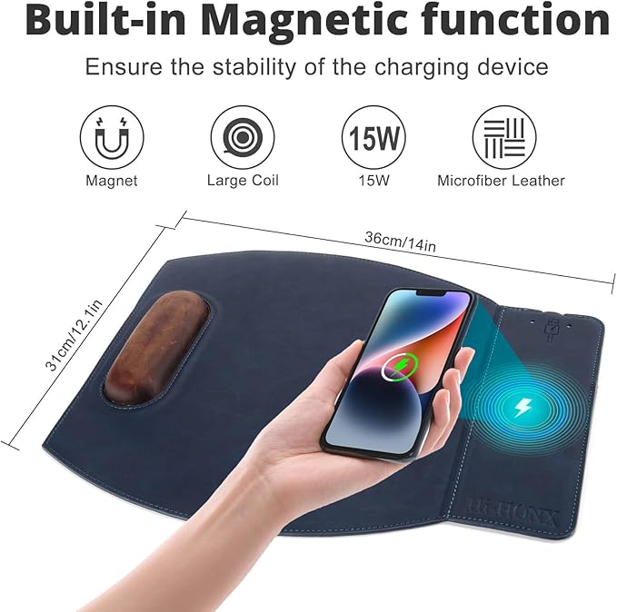 Magnetic Wireless Charging Mouse Pad with Ergonomic Design Mousepad with Wrist Support Foldable Mousepad with Wrist Rest and for Computer Laptop Office &amp Home 14 x 12.1 in Blue