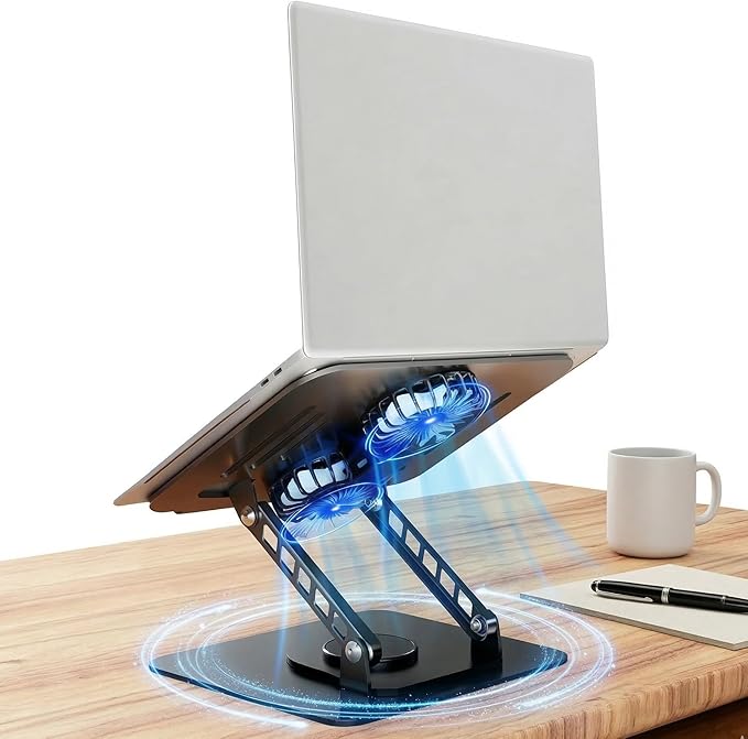 Selbst Laptop Stand for Desk with Quiet Cooling Fans - 360 Rotating Base Ergonomic Computer Stand Aluminum Laptop Riser Foldable Protable for Office Home fits MacBook Air Pro Dell HP (10-17.3'')