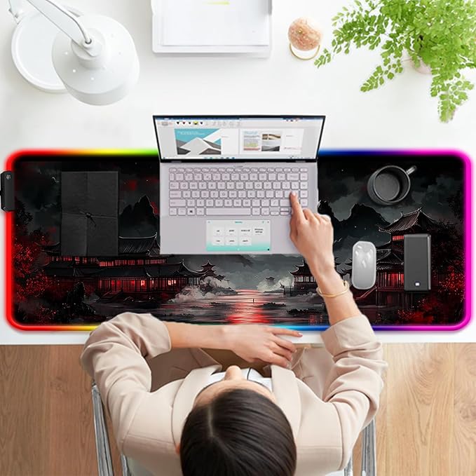 RGB Japanese Dreamy Lakescape Full Moon Gaming Desk Mat Computer Keyboard Large Extended Long LED Mouse Pad for Office and Home XL (W07)